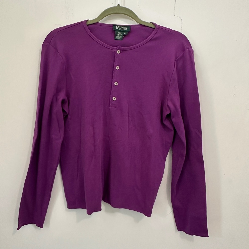 Lauren Ralph Lauren 90s Henley Top Purple Cotton Ribbed Elbow Patch Petite Large